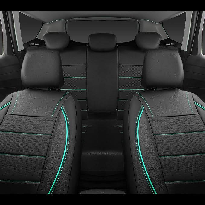 Universal FIT Piping Leather Car Seat Cover, for suvs,Van,Trucks,Airbag Compatible,Inside Zipper Design and Reserved Opening Holes (Full Set, Black and Mint)