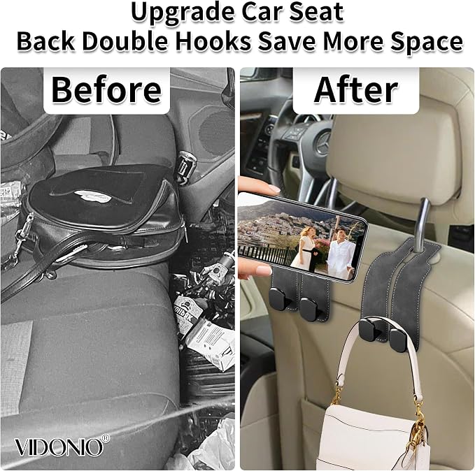 Suede Leather Headrest Hooks for Car, 2 Pack Double Seat Back Organizer Hooks for Purses & Bags, Heavy Duty Metal Car Purse Holder for Handbags, Grocery Bags, Universal Vehicle Storage Accessories