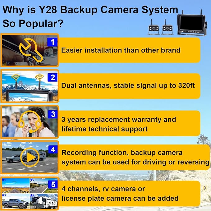 RV Backup Camera Wireless Recording 2 Cameras - Plug and Play Pre-Wired for Furrion System Night Vision 4 Channels HD 1080P 7'' Touch Key Monitor Rear View Camera for Trailer/Trucks/Camper Y28