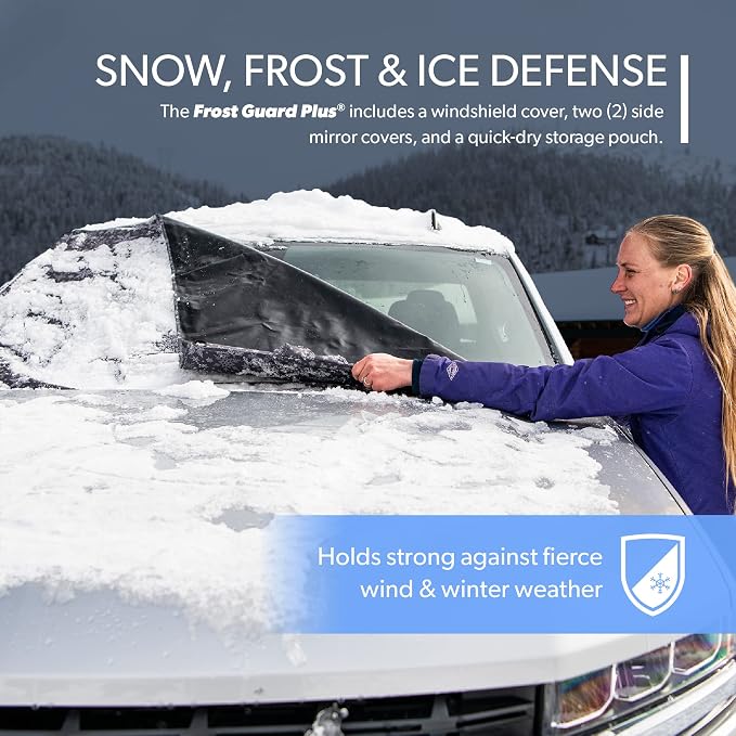 Plus | Winter Windshield Cover for Ice and Snow, Standard Size (Snowflake) - Built-in Security Panels, Wiper Blade Coverage + Mirror Covers - Fits Standard Size Cars, 59 x 41 Inches