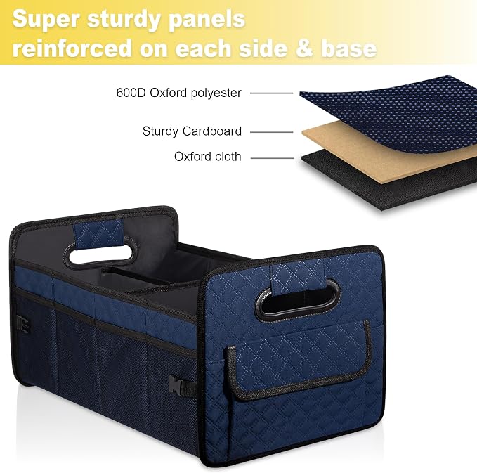 Car Trunk Organizer for SUV, Car Storage Organizer Collapsible Multi Compartment Container Box, Adjustable Car Accessories for Women/Men, Dark Blue