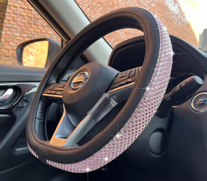 D Shaped Bling Comfy Steering Wheel Cover with Jumbo Crystal Rhinestones, Anti-Slip Diamond Leather, Flat Bottom 14.5-15 Inch (Pink)
