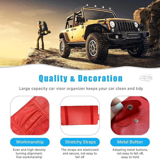 Car Sun Visor Organizer, Leather Personal Belonging Storage Pouch with Zipper, Car Visor Storage Pouch Sunglasses Holder, Auto Interior Accessories Pocket Organizers (Red)