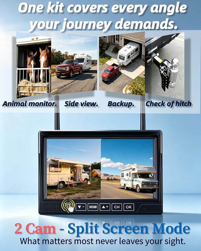 HD 1080P Dual Wireless Backup Camera: 1-Second Magnetic Easy Install RV Backup Camera with 7-inch Split-Screen DVR Monitor - 15200mAh Solar Battery, Up to 3-Day Trip for RV Camping & Travel Trailers