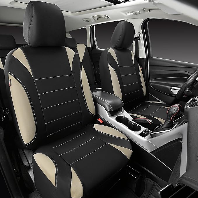 Waterproof Car Seat Covers Full Sets, Universal Fit Seat Covers for Cars, EVA Neoprene Seat Cover Set Full Sets, Interior Covers for Auto SUV,Vans,sedans, Trucks,(Black and Beige)
