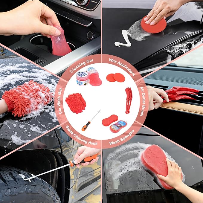 37PCS Car Detailing Kit Auto Cleaning Tools Wash Set with Storage Carry Bag Home Use for Interior Exterior Deep Clean Car Care Windshield Dashboard Seat Air Vents Wheels Tires, Red
