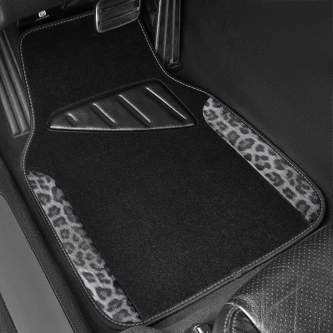 Waterproof Universal Car Floor Mats, Leopard Print Car Mats Fit for SUV,Vans,sedans, Trucks,Set of 4pcs Car Carpet with Driver Heel Pad and Nibs Backing, Leopard Car Accessories Gray Leopard