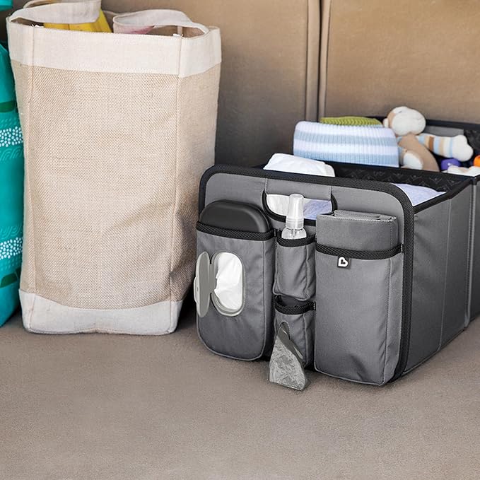 Out-n-About Trunk Organizer for SUVs and Cars with Portable Changing Pad and Wet Baby Wipes for Diaper Changes On-the-Go, Collapsible, Grey