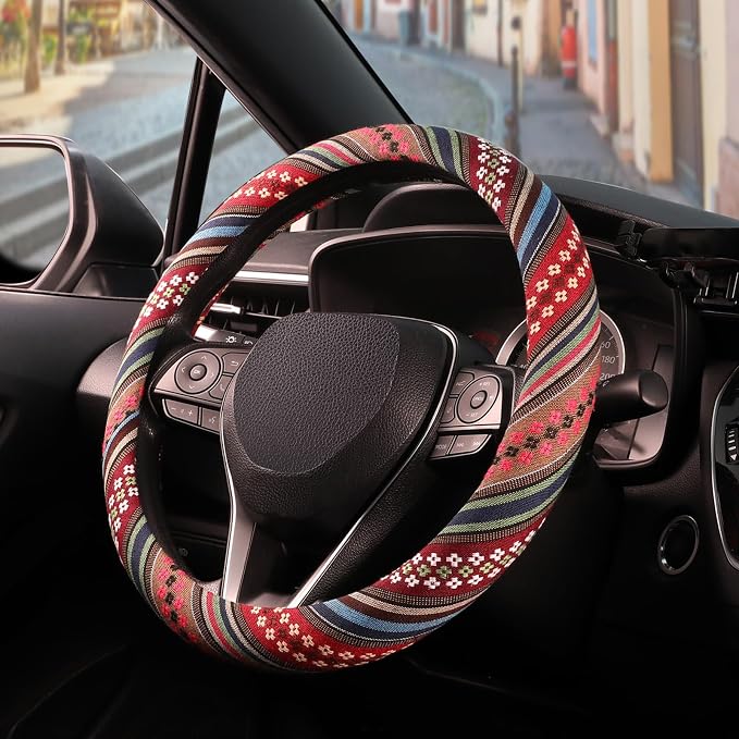 Boho Steering Wheel Cover with Baja Blanket Cloth, Ethnic Style Auto Wheel Cover Made of Coarse Flax, Fits 14 1/2-15 1/4 inches Car Wheel