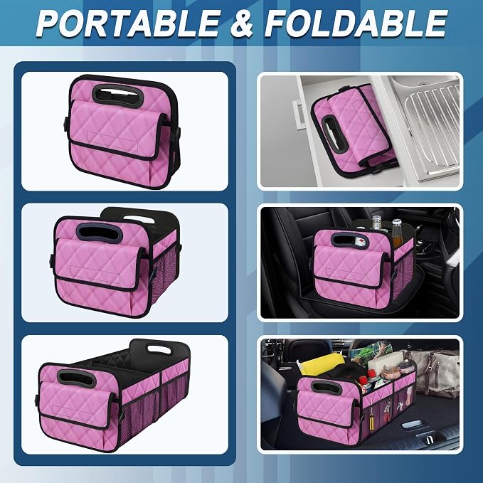 Car Trunk Organizer for SUV, Car Organizers and Storage with Reinforced Handles, Car Accessories for Women/Men 50L Waterproof Polyester Trunk Organizer(Medium,Pink)