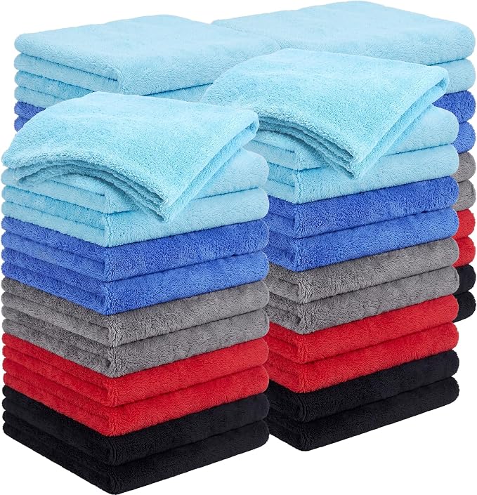 30 Pcs 16 x 16 Inch Edgeless Microfiber Plush Towels for Cars Detailing Drying Wash Polishing Absorbent Cleaning Cloths, 500 GSM (Blue, Light Blue, Black, Grey, Red)