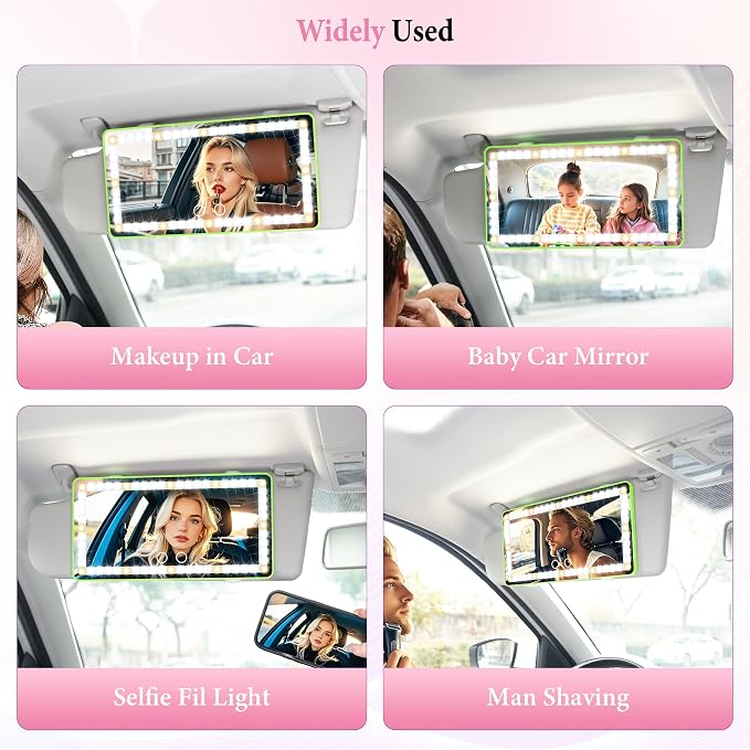 Car Sun Visor Vanity Mirror - Rechargeable Makeup Mirror with 60 LEDs, 3 Light Modes & Dimmable Touch Control for Cars, Trucks, SUVs, Car Interior Accessories for Women (Green)