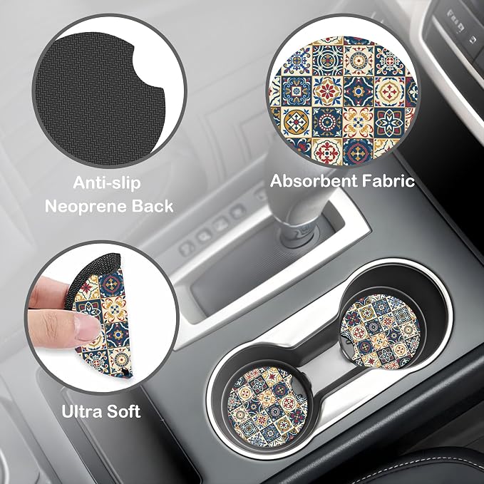 Ethnic Moroccan Floral Flower Steering Wheel Cover with 2 Pcs Car Coasters Neoprene Steering Wheel Cover for Women Men Anti-Slip Breathable Car Accessories Universal 15 Inch Fit Auto Cars Trucks