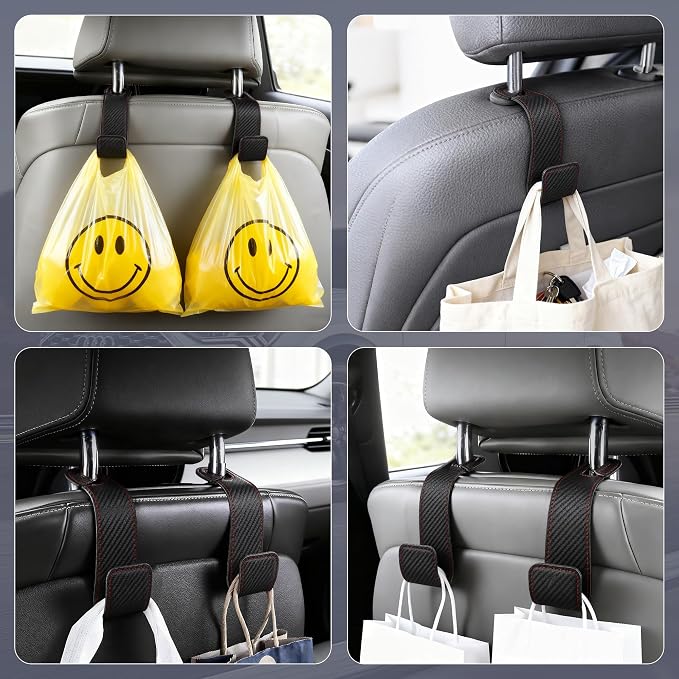 Leather Car headrest hook for purses and bags (Black Carbon fiber, 2pcs) | Leather wrap hook with Larger strap holder, friendly to your leather purse. Strong load up to 44lbs.