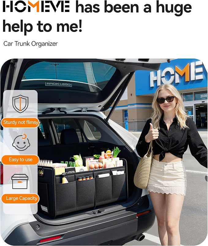 Car Trunk Organizer for SUV, 15.5Gal Large Capacity No-Sag Heavy Duty, Foldable Waterproof Anti-Slip Storage with 12 Pockets, Fit Sedan,Truck, Universal Car Accessories, Black, 2 Compart,Medium
