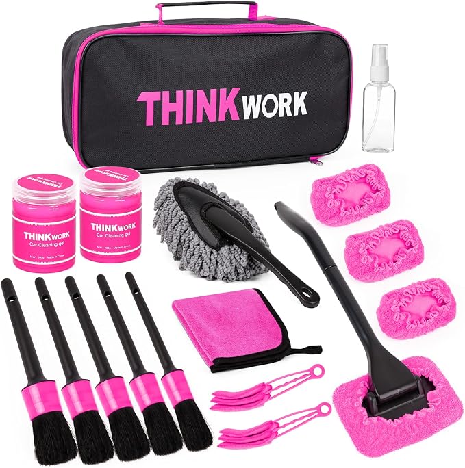 Pink Car Duster Interior Kit, Perfect Car Detailing Brush Kit for Cleaning Windows,Windshield,Dashboard and Air Vents Suitable for All Cars