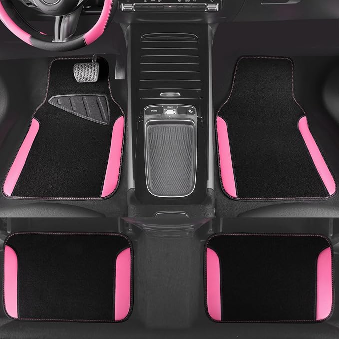 Faux Leather Steering Wheel Cover and Waterproof Car Floor Mats,Universal Car Combo Fit for 95% Sedan,SUV,Cars,14.5-15inch Sporty Anti-Slip Safety Comfortable Design(Black＆Pink)