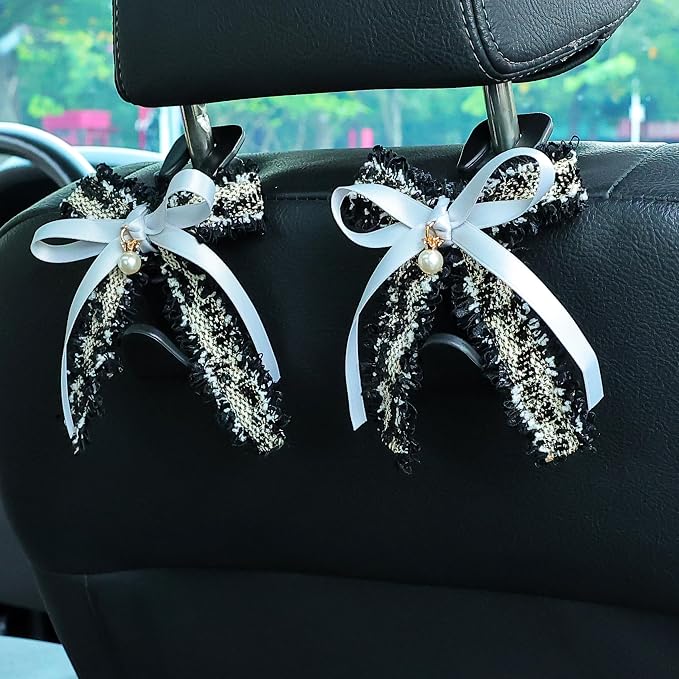 Car Seat Headrest Hook Cute Bowknot Vehicle Hanger Car Storage Organizer for Handbag Purse Coat Grocery Bag Black Grey
