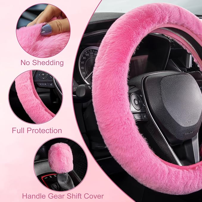 Furry Car Steering Wheel Cover with Fluffy Gear Shift Cover Soft Warm Non-Slip Car Decoration for Women Girls 2 PCS Set, Pink