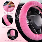 Furry Car Steering Wheel Cover with Fluffy Gear Shift Cover Soft Warm Non-Slip Car Decoration for Women Girls 2 PCS Set, Pink