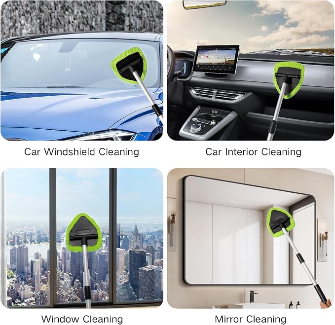 7pcs Windshield Cleaner Tool Car Window Cleaning Wash Kit with 4 Reusable Microfiber Pads 1 Spray Bottle and Extendable Handle Auto Glass Wiper Kit, Green