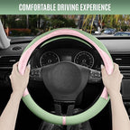 Steering Wheel Cover, Pink Patterned & Green Leather Patchwork Design, Universal Fit 14.5"–15.5", Anti-Slip, Odor-Free, Soft PU Grain Leather, Durable Grip Car Accessory for Girls & Women