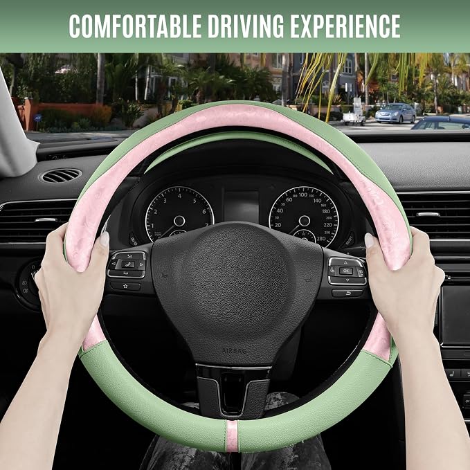 Steering Wheel Cover, Pink Patterned & Green Leather Patchwork Design, Universal Fit 14.5"–15.5", Anti-Slip, Odor-Free, Soft PU Grain Leather, Durable Grip Car Accessory for Girls & Women