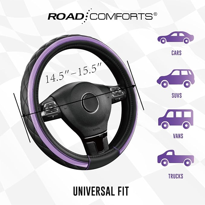 Leather Steering Wheel Cover – Black & Purple, Universal Fit 14.5-15 Inch, Microfiber Leather, Anti-Slip & Breathable Design for Men and Women