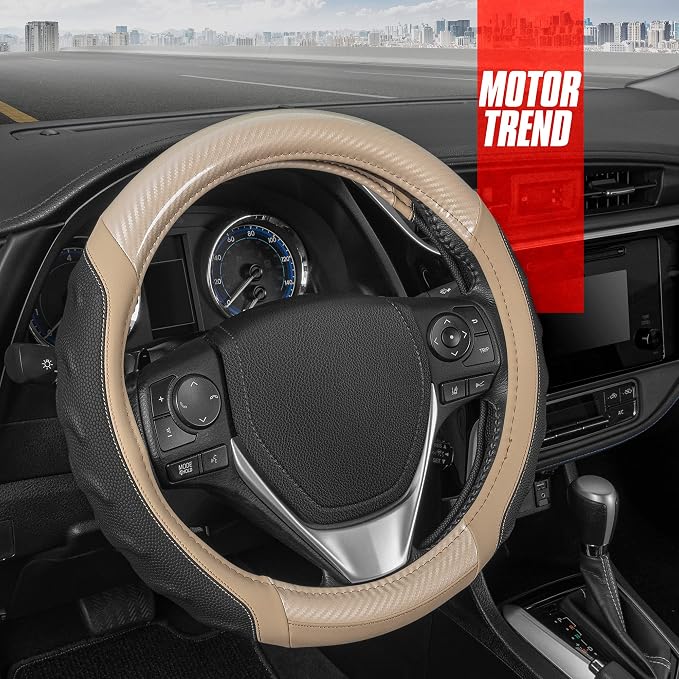 UltraSport Beige Carbon Fiber Steering Wheel Cover, Standard 15 inch Size, Black Faux Leather Comfort Grip, Car Steering Wheel Cover for Auto Truck Van SUV