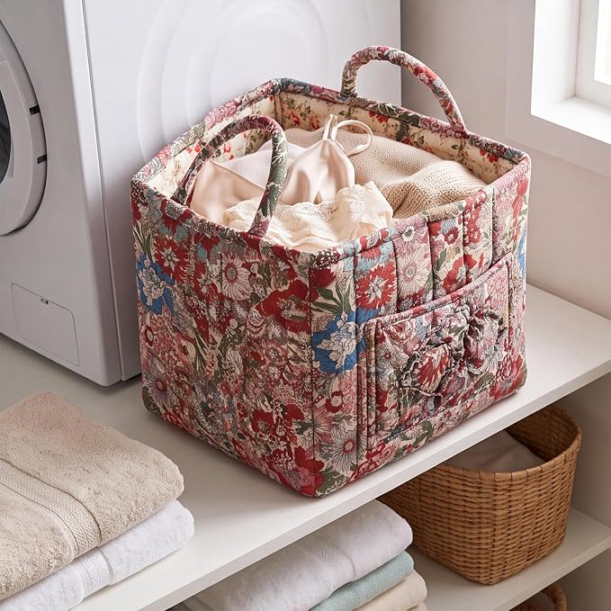 Floral Fabric Storage Basket Car Interior Storage Basket Underwear Sundries Laundry Baskets Supplies Home Organizer Bag (green retro floral)
