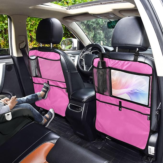 Hot Pink Car Seat Organizer for Kids Backseat Kick Mat with Adjustable Strap Backseat Protector for Vehicle SUV Cars 1 Pcs