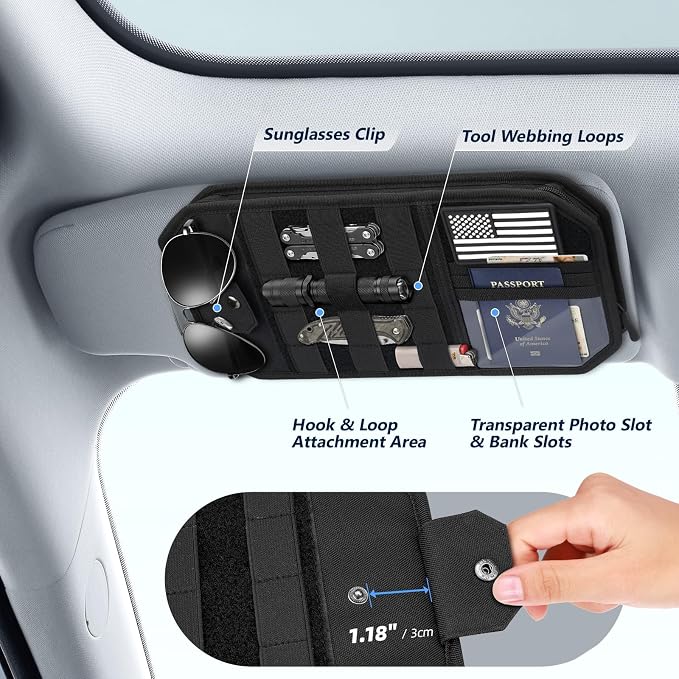 Car Sun Visor Organizer, Molle Car Storage Organizer with Zipper Pouch, Glasses Clip, Adjustable Strap, Semi-Rigid Molle Panel Universal Fit for Most Cars, SUVs, Trucks, Jeeps, Black