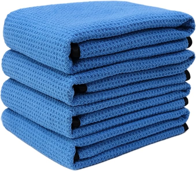 Elite Microfiber Drying Towel (16x24, 4 Pack, Waffle, Blue)