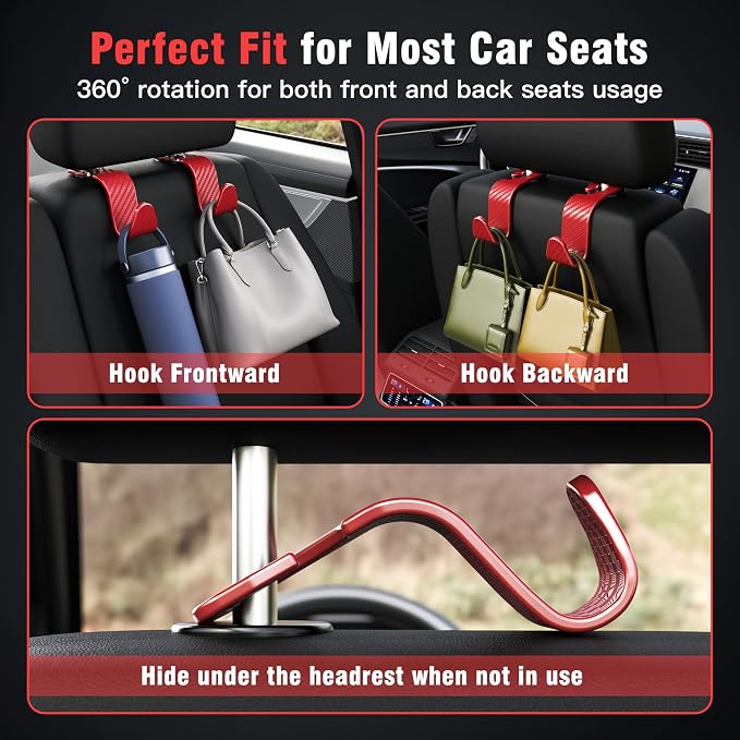 Car Seat Headrest Hook 4 Pack Hanger Universal Vehicle Car Storage Organizer for Handbag Purse Coat S Type Checkered Red