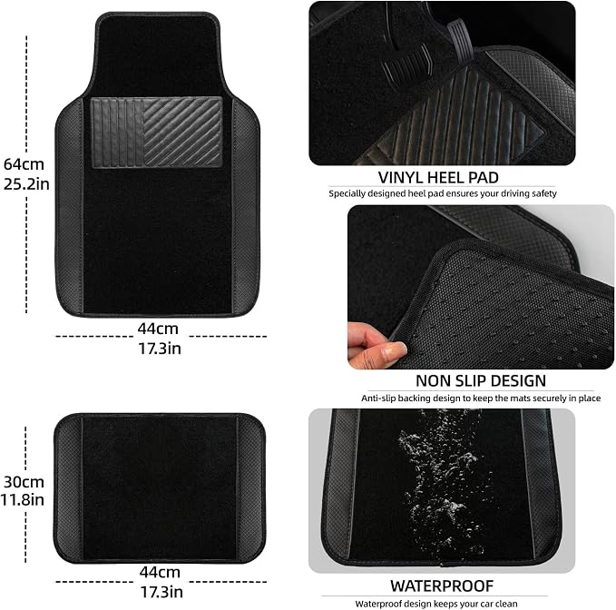 10 Pcs Car Floor Mats Full Set Car Accessories, Microfiber Leather Steering Wheel Covers 14.5-15 inch, Center Console Cover, Seat Belt Pads, Cup Coasters, Universal Interior Decor(Black)