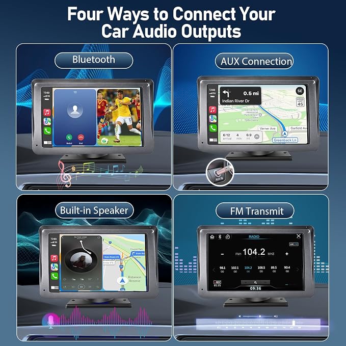 Portable Wireless Radio with Apple CarPlay and Android Auto Screen for Car, 7 Inch Anti-Glare Touchscreen Radio with Bluetooth Hands-Free/Navigation/Voice Control/AHD Backup Camera, for All Vehicles
