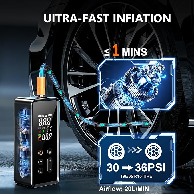 Tire Inflator Portable Air Compressor, 150PSI Cordless Air Pump for Car Tires with Digital Dual Values Display, Auto Shut Off & LED Emergency Light, Smart Air Pump for Car, Motorcycle, Bike, Ball