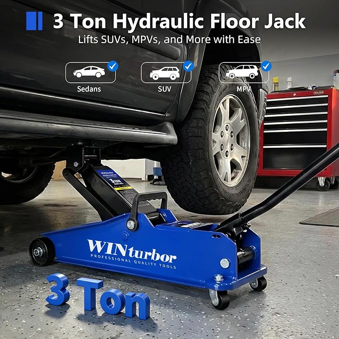 3 Ton Floor Jack, 6000 lb, 7.6"-21.3" Lift, w/Pads, Bag & Tire Kit | Heavy-duty floor jack for SUVs, pickups and sedans. 7.6" entry, 21.3" max lift. Includes 2 pads, bag & 8‑pc tire kit.