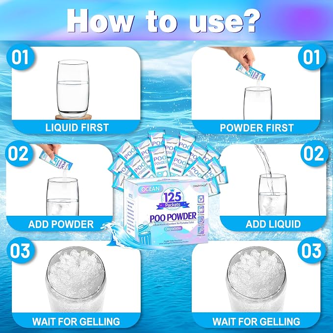 Poo Powder for Portable Toilet Gel Powder, Camping Toilet Gel 125PCS | Ocean Scent Pee Powder, Eco Toilet Gel for 650ml Urine/10g, Toilet Gel Powder for Outdoor Camping and Hiking