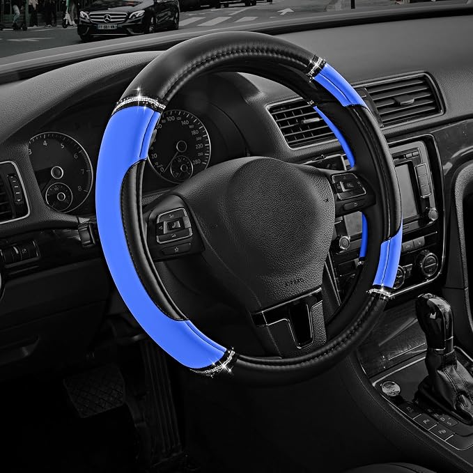 Leather Steering Wheel Cover - Made with PVC Leather - Anti-Slip, Universal Fit 14 1/2 inches to 15 inches - Blue