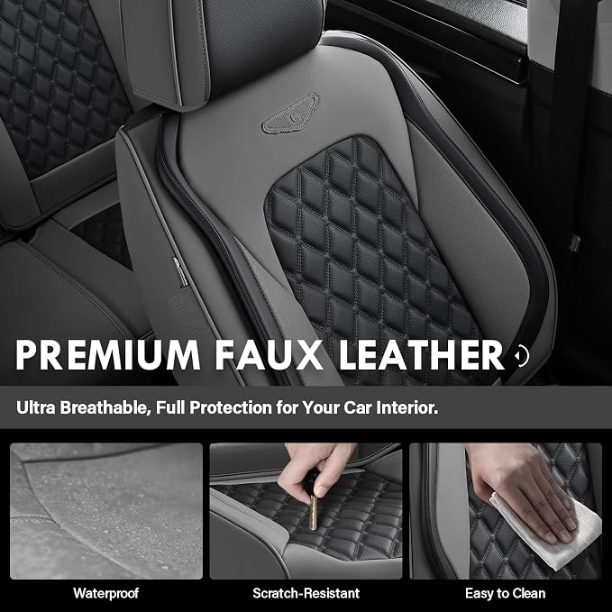 Coverado Universal Car Seat Covers Full Set, Minimalist Scratch-Resistant Waterproof Faux Leather Front & Rear Seat Protectors, Business Daily Driving – GrayBlack