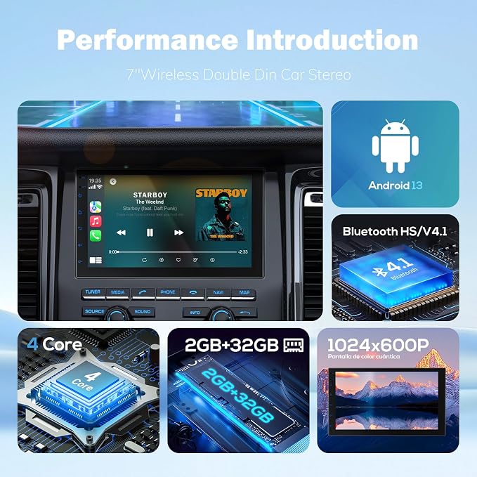 7 Inch Double Din Car Stereo with Wireless Apple CarPlay & Android Auto, Touchscreen Android Radio, Bluetooth Car Audio Receiver (No reversing Camera)