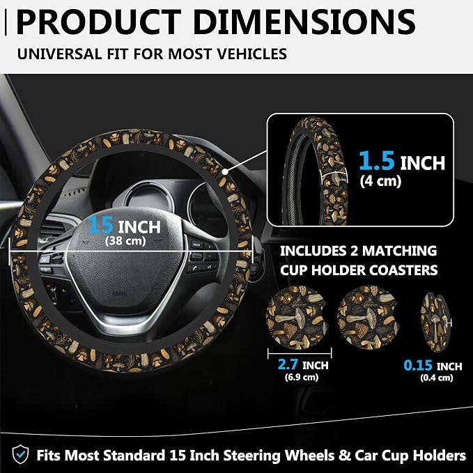 Vintage Mushroom Steering Wheel Cover for Women, Anti-Slip Car Steering Wheel Cover with 2 Pcs Cup Holders Neoprene Breathable Car Accessories Universal 15 Inch Auto Interior Decor