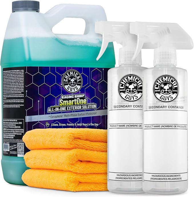 Raging Rhino Waterless Car Wash And Quick Detailer, 128 Fl Oz With 2 Dilution Bottles and 3 Premium Microfiber Towels - 6 Items