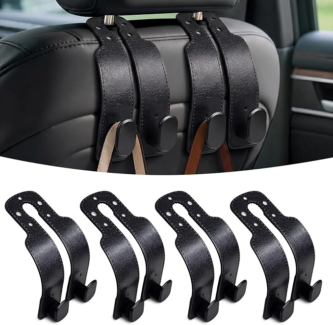 4 Pack Headrest Hooks for Car, Universal Leather Car Seat Back Hooks for Purses and Bags, Durable Car Purse Holder & Backseat Organizer Hanger for Handbags, Grocery Bags, Coats, Accessories, Black