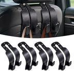 4 Pack Headrest Hooks for Car, Universal Leather Car Seat Back Hooks for Purses and Bags, Durable Car Purse Holder & Backseat Organizer Hanger for Handbags, Grocery Bags, Coats, Accessories, Black