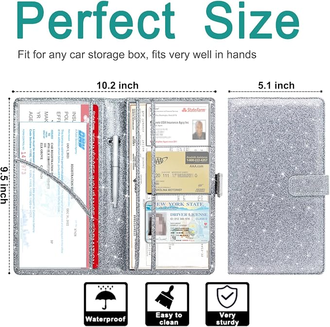 Car Registration & Insurance Holder - Leather Glove Box Organizer, Cool Accessories for ID, Driver's License Cards & Essential Documents, Men & Women, Glitter Gray