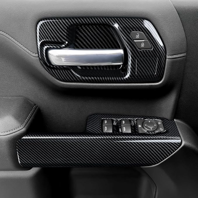 4PCS Car ABS Carbon Fiber Inner Door Handrail Handle Cover Interior Trim Decal for 2019-2025 Chevy Silverado | for 2019-2021 GMC Sierra 1500 2500 3500 HD Accessories （Double Cab, Style B）