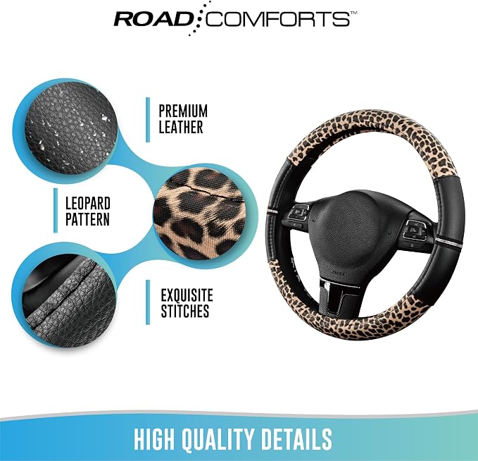 Leopard Steering Wheel Cover for Women, Cute Anti-Slip Microfiber Leather, Universal Fit 14.5-15 Inch Round Steering Wheel - Black