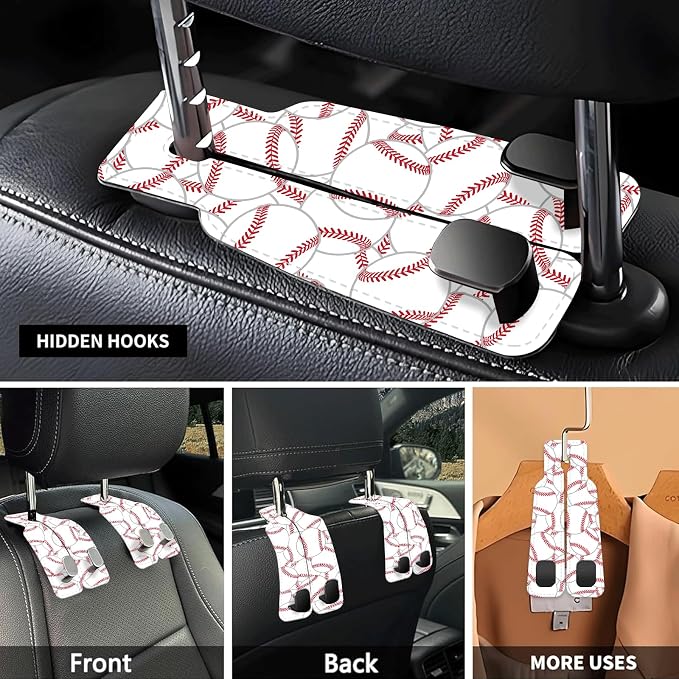 Car Seat Headrest Hook, Universal Leather Cute Hanger Holder Hook, Storage Organizer Interior Accessories for Purse Bags Handbag Cute Baseball